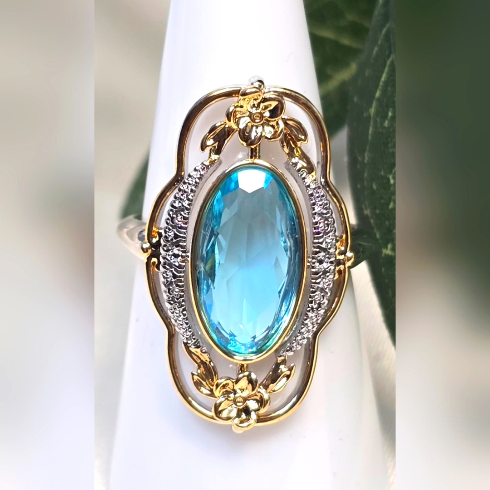 Art Nouveau Aqua Blue Two Tone Plated Ring Size 7